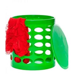 a green basket with red ruffles on it