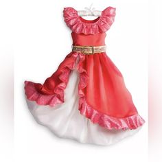 New With Tags From Disney’s Castle Collection In Excellent Condition With No Damage Authentic Disney Costume Red Satin Dress Pink Ruffle Trim With Red Glitter Design Detachable, Functional, Gold Metallic Belt With Printed Art Design And Metal Jeweled Buckle Cream Tulle Skirt With Glitter Shimmering Cream Silken Underskirt Elena Of Avalor Costume, Cream Tulle Skirt, Princess Elena Of Avalor, Disney Elena, Rapunzel Costume, Princess Elena, Ruffle Long Dress, Disney Princess Costumes, Halloween Princess