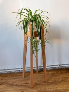 two wooden plant stands with plants in them