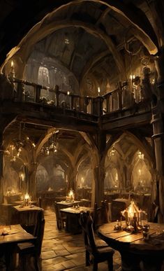 an image of a dining room in a fantasy setting with candles lit on the tables