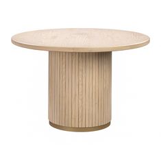 a round wooden table with an oval base on the top is shown in front of a white background