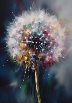 a painting of a dandelion on a black background with white and red flowers