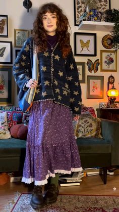 Purple Star Outfit, Whimsigoth Street Style, Whimsy Goth Winter, Star Cardigan Outfit, Whimsy Outfit Ideas, Whimsy Goth Style, Purple Long Skirt Outfit, Whimsy Goth Aesthetic Outfits, Whimsy Goth Crochet