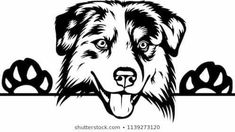 a black and white drawing of a dog's head peeking out from behind a fence