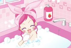 a cartoon girl taking a bath in a pink bathroom