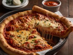 a deep dish pizza with cheese and sauce