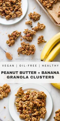 granola clusters on plates with bananas next to them