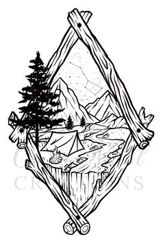 a black and white drawing of mountains with trees