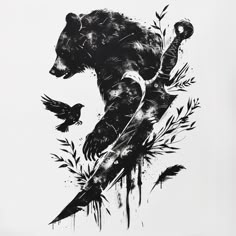 a black and white drawing of a bear holding a knife with two birds flying around it