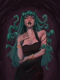 a drawing of a woman with green hair and an octopus on her chest, in front of a dark background