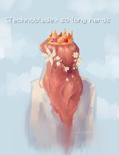 a digital painting of a woman with long red hair and crown on top of her head