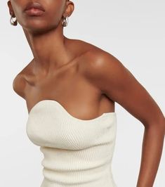 Khaite Jericho Ribbed-knit Bustier - White | Editorialist Fitted Ribbed Elastane Crop Top, Fitted Ribbed Crop Top In Elastane, Elegant Ribbed Cropped Crop Top, Chic Fitted Ribbed Crop Top, Fitted Ribbed Strapless Tube Top, Ribbed Fitted Strapless Tops, Fitted Ribbed Strapless Top, Elegant Fitted Elastane Crop Top, Elegant Ribbed Cropped Top