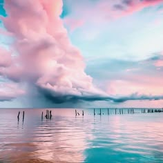 the sky is pink and blue as it reflects in the calm water on an overcast day