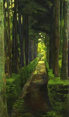 an oil painting of a path in the woods