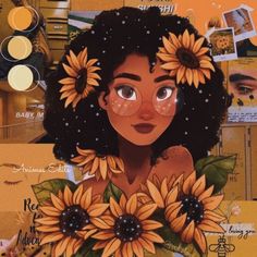 an image of a woman with sunflowers in her hair and eyes on the cover of a magazine