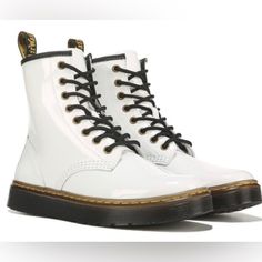 Dr. Martens White Zavala Leather Lace Up Round Toe Combat Boots. Leather Upper In A Casual Lace-Up Boot Style With A Round Toe Full-Lace-Up Front With Metal Eyelets Pull Loop At Collar For Easy On And Off Leather And Textile Lining With A Cushioning Insole Classic Contrast Stitching At Midsole Air Cushion Outsole. #Lyo Dr Martens White, Boot Style, Combat Boot, Boots Leather, Casual Lace, Leather Lace, Contrast Stitch, Lace Up Boots, Leather And Lace