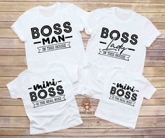 Boss Matching Family Shirts - Boss Man / Boss Lady in This House -  Mini Boss Is The Real Boss - Mom/Dad/Baby Matching White + Black Tees Family Matching T-shirt, Family Shirts Matching Photo Ideas, Family Tshirt Ideas Matching Shirts, Family Tee Shirts Ideas, Family Tshirt Design, Family Tshirt Ideas, Family T Shirt Ideas, Mom Dad And Baby, Cool Shirts For Girls