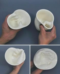 four pictures of hands holding white bowls with cream in them and the bottom one is empty