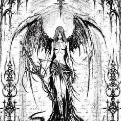 a black and white drawing of an angel standing in front of a demon like creature