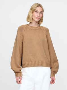 Soft cotton-blend sweater.  Crewneck.  Long balloon sleeves.  Ribbed hem.  Certain styles have a knit heart at front.  Fit: Relaxed.  A straight & easy fit.  For a Classic fit, go down one Knit Heart, Style Development, Knitted Heart, Camel Sweaters, Long Balloons, New Start, Sweater Sleeves, Balloon Sleeves, Toddler Gifts