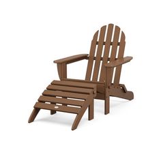 a wooden lawn chair and ottoman with one foot on the ground, in front of a white background