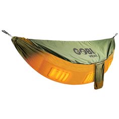 an orange and green hammock with the word go on it's side