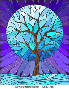 a stained glass window with a tree on the background of water and stars in the sky