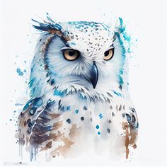 an owl with yellow eyes is painted in watercolor on white paper and has blue spots all over its body