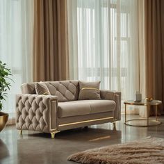 a living room filled with furniture and curtains