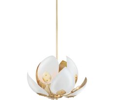 a white and gold chandelier hanging from a brass ceiling fixture with leaves on it