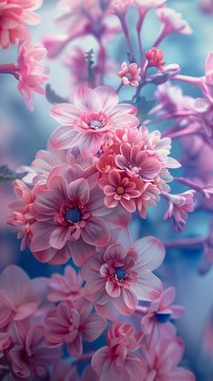 pink flowers are blooming on a blue background