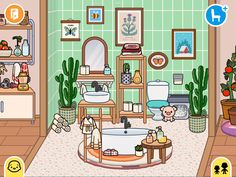 a cartoon bathroom with potted plants and pictures on the wall