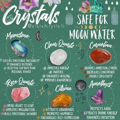 crystals and their names on a chalkboard with water, moon phases, and stars