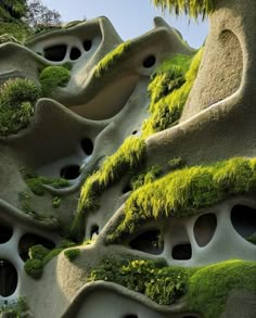 an unusual building with moss growing on it