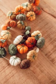 several small pumpkins are arranged on a wooden surface with string and leaves attached to them