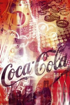 an advertisement with the word coca cola written in black and white on red, orange, pink