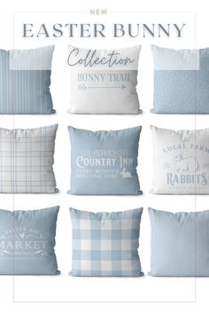 the easter bunny pillow collection is available in blue and white