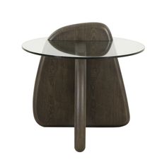 an oval glass table with wooden legs and a wood base on the top, against a white background