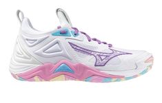 the mizuma wave runner is white with purple, blue and yellow accents on it