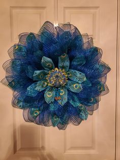 a peacock wreath hanging on the front door