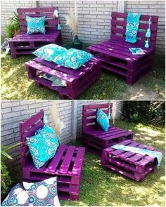 purple pallet furniture with blue and white pillows