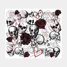 a bunch of skulls with hearts and roses