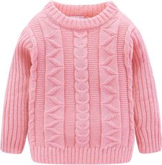 a pink sweater with cable kniting on the shoulders and long sleeves, is shown