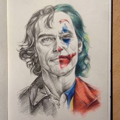 a drawing of the joker with his face painted red, white and blue on it