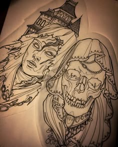 a drawing of two women with skulls on their faces