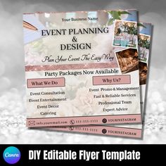 an event flyer is shown with pink flowers and photos on the front, and in the back