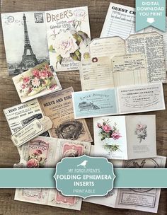 an assortment of greeting cards and envelopes with the words, my favorite folling ephemea inserts