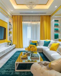 a living room filled with furniture and yellow curtains