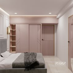 a bed sitting in a bedroom next to a walk in closet