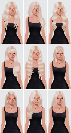 six different poses of a woman with blonde hair and long white hair, all in black dress